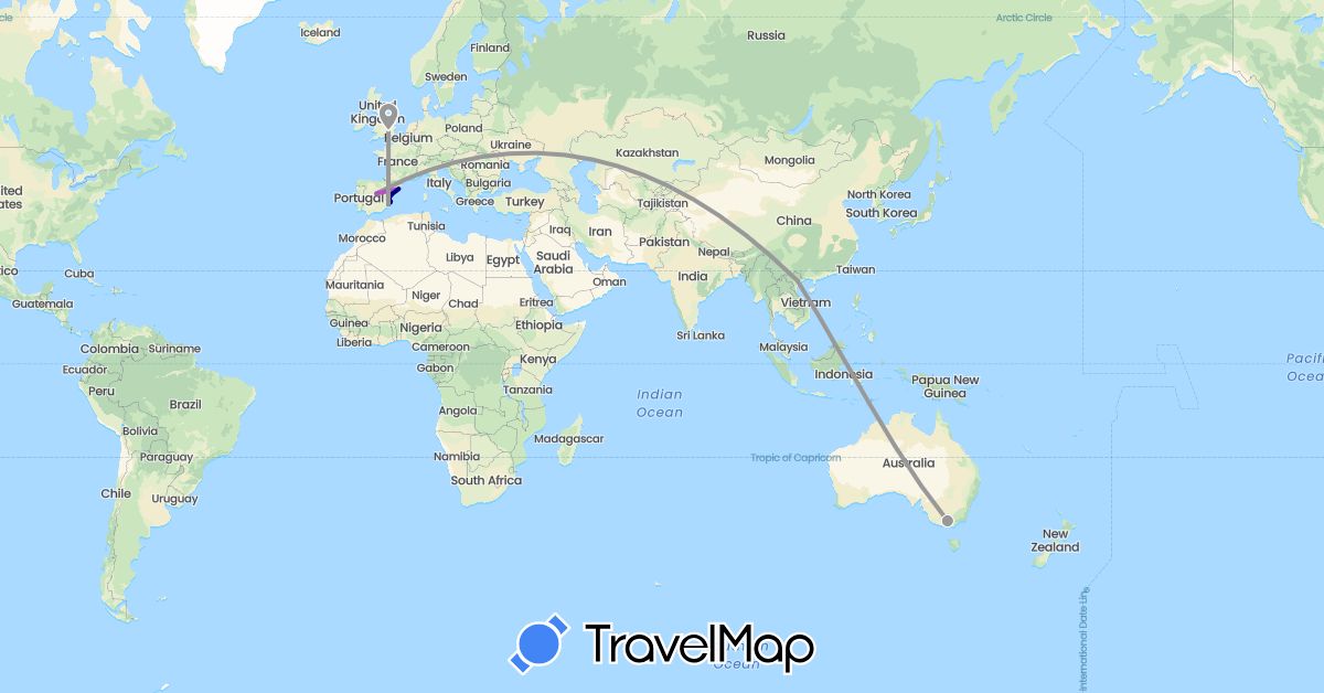 TravelMap itinerary: driving, plane, train in Australia, Spain, United Kingdom, Vietnam (Asia, Europe, Oceania)